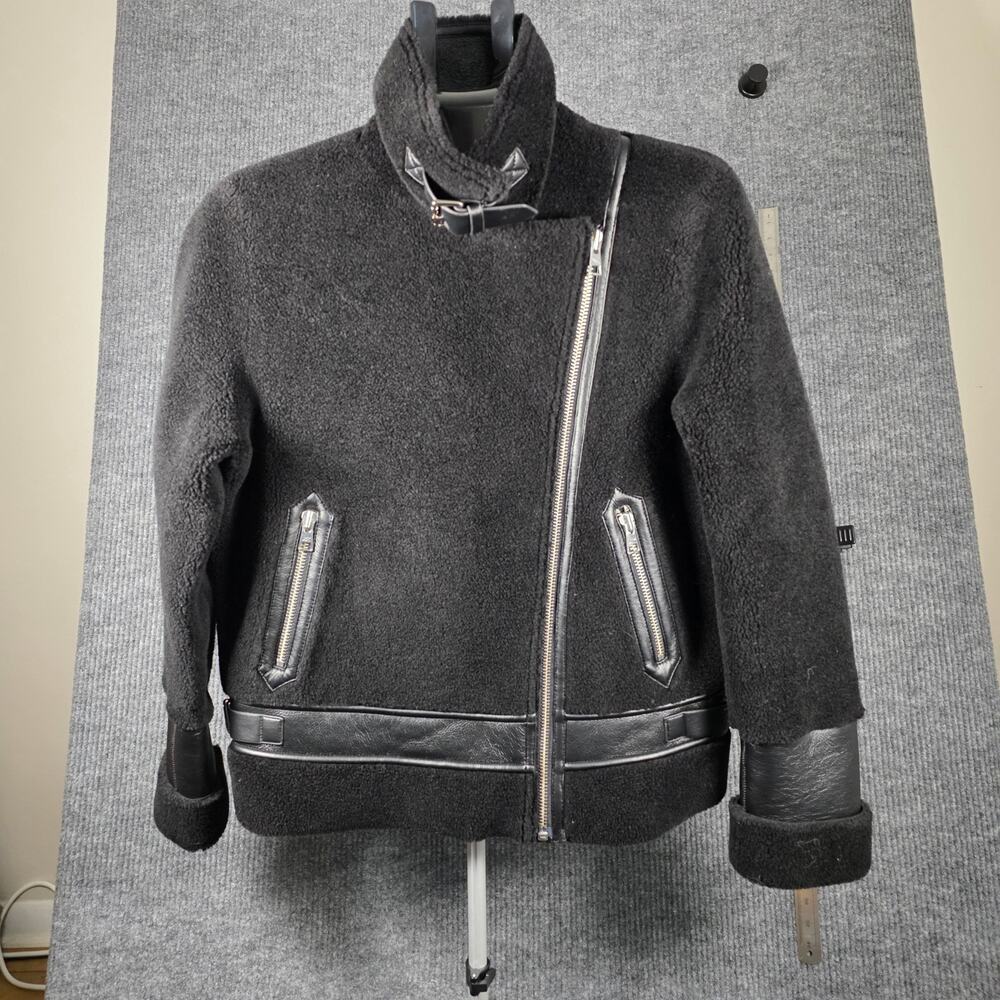 Soia & Kyo Black Moto Jacket Wool Blend Leather Trim Asym Zip Small
